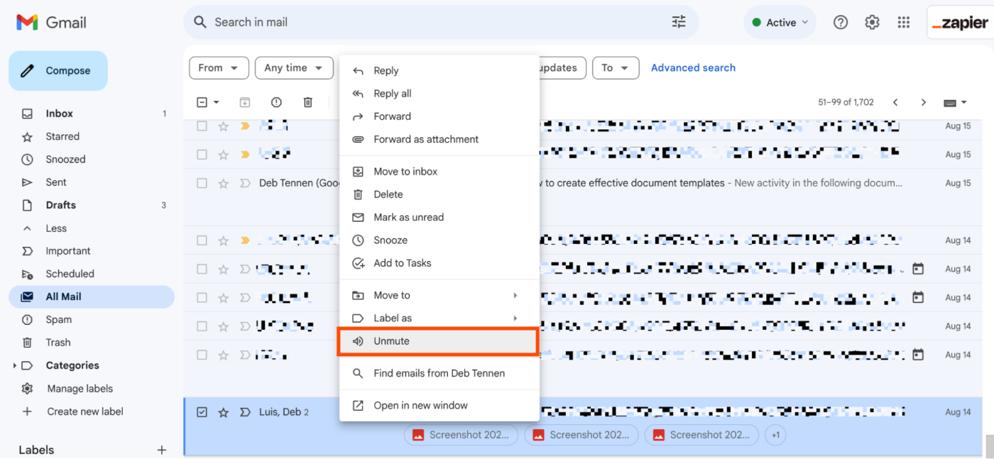 How to unmute an email in Gmail from the All Mail folder.