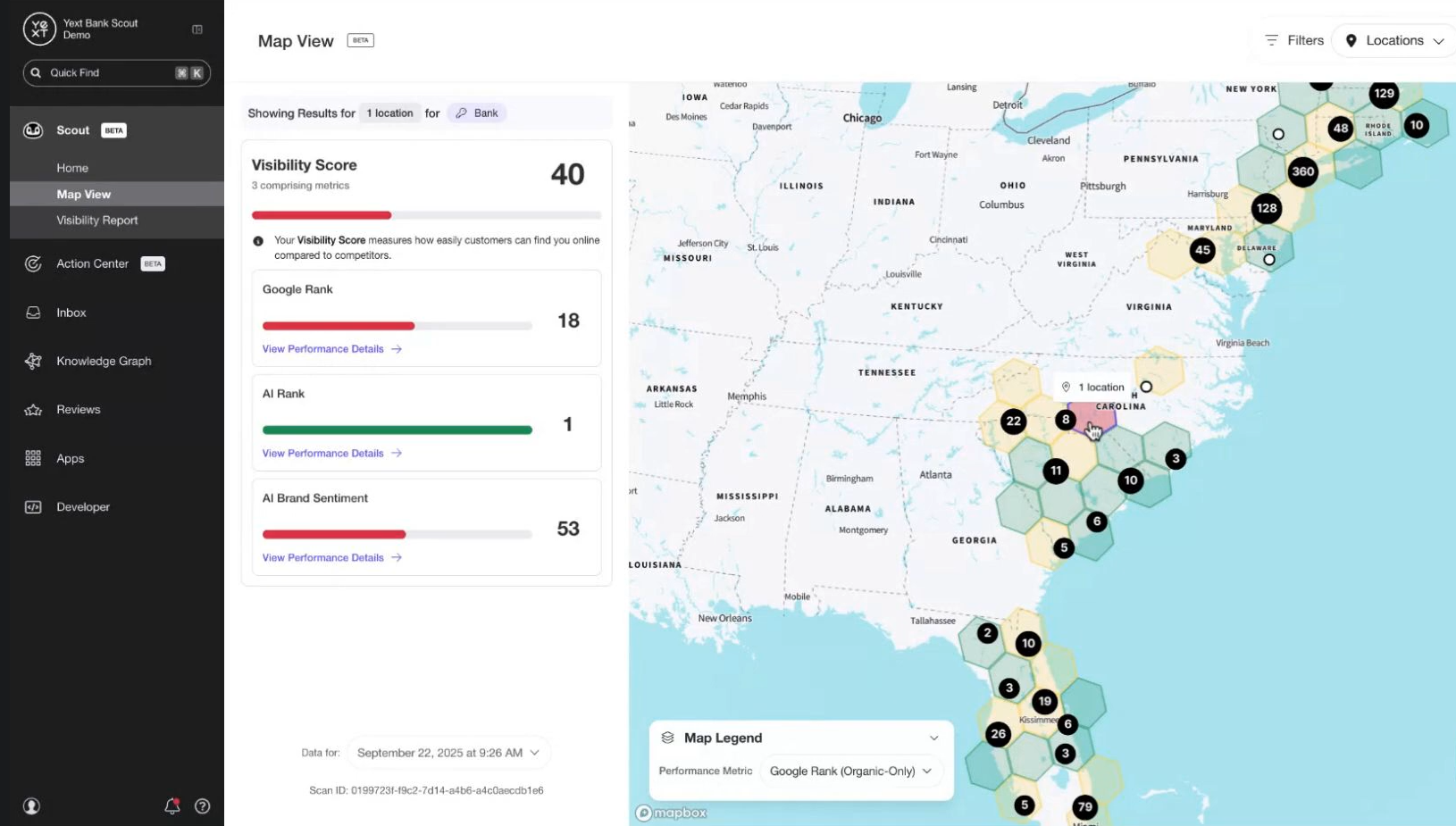 A screenshot of Yext Scout, our pick for the best AI visibility tool for local tracking