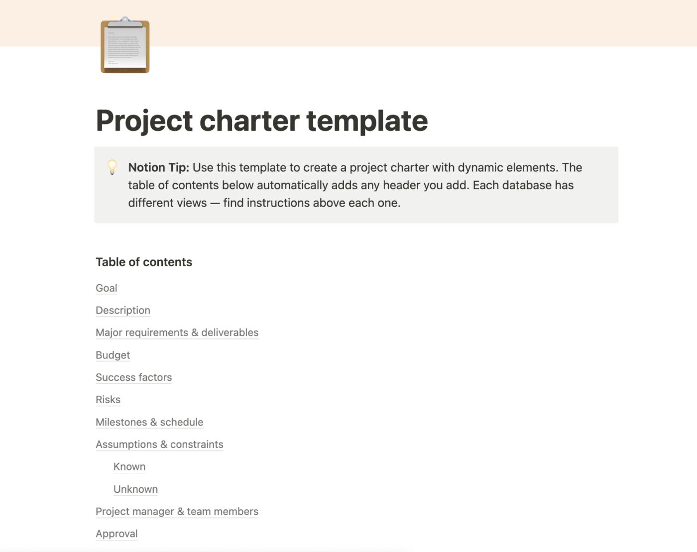 A project charter template from Notion.