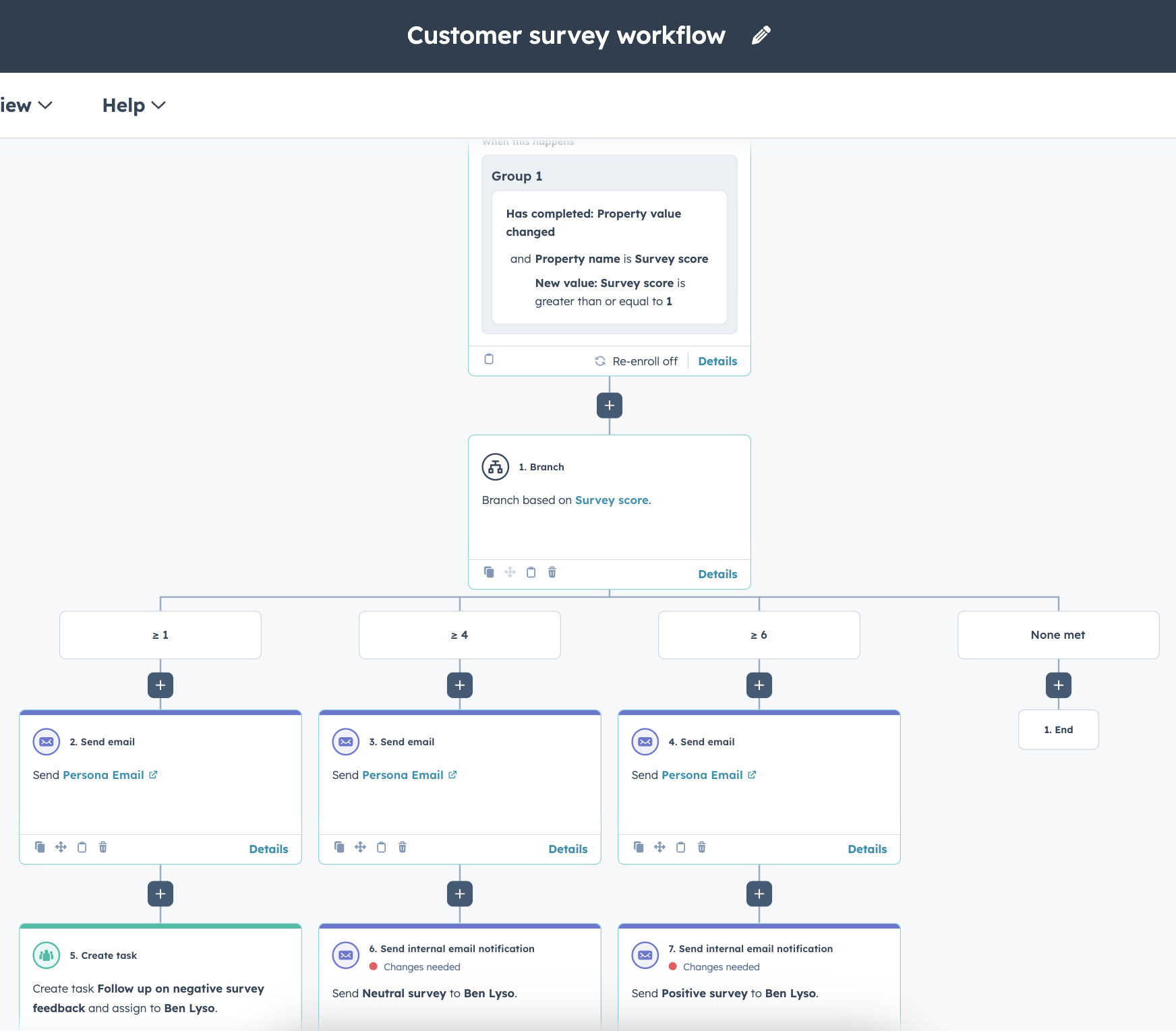Screenshot of a HubSpot customer survey workflow.