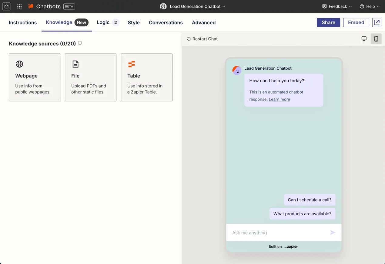 Zapier's chatbot builder