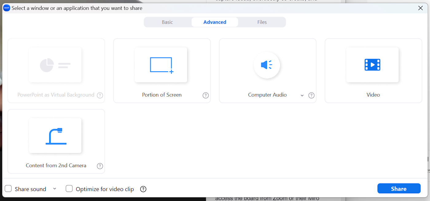 Zoom screen sharing options