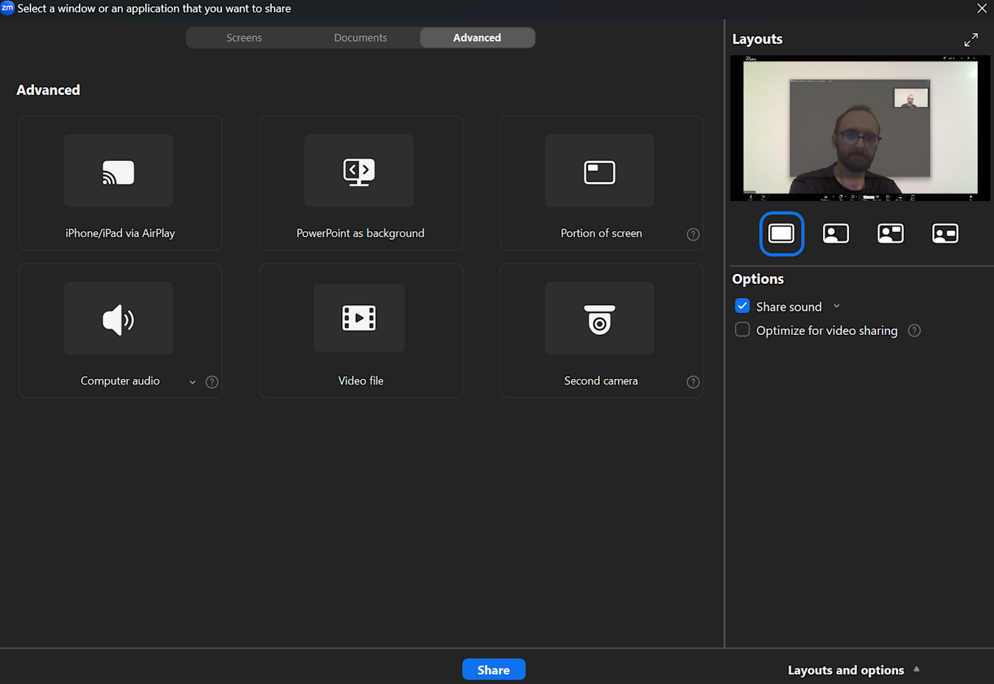 Zoom screen sharing options