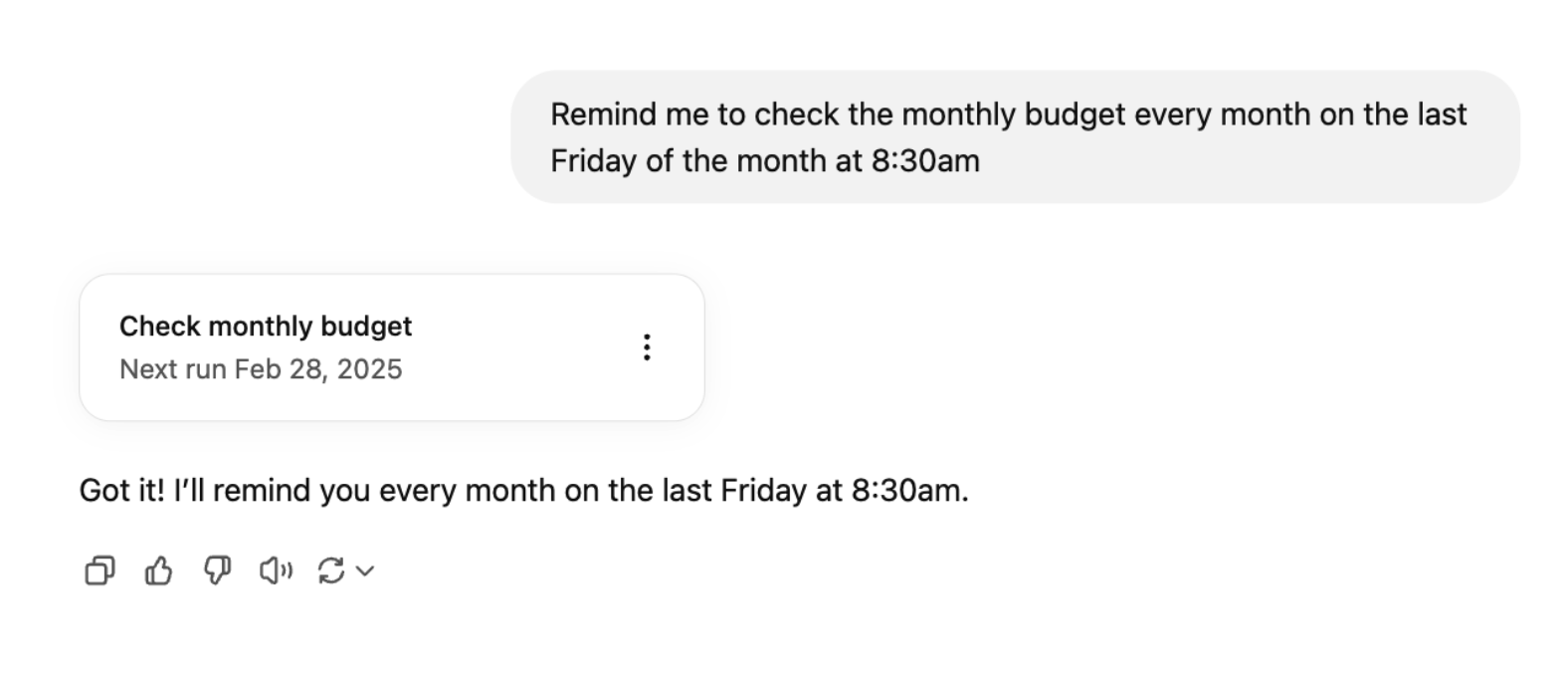 ChatGPT conversation with a prompt asking ChatGPT to perform a scheduled task. 