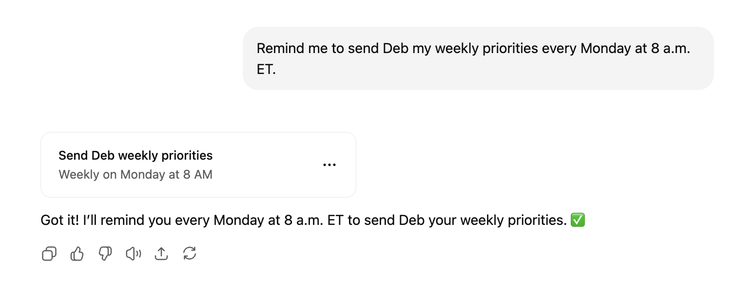 ChatGPT conversation with a prompt asking ChatGPT to perform a scheduled task. 