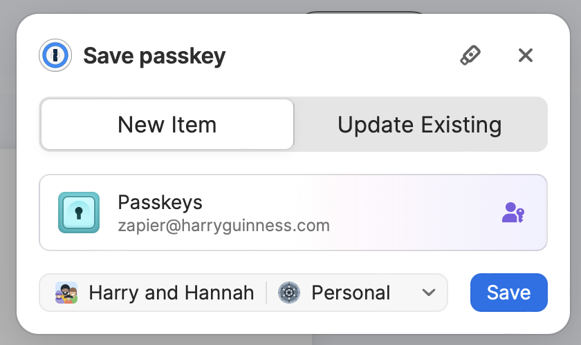 Saving a passkey in 1Password