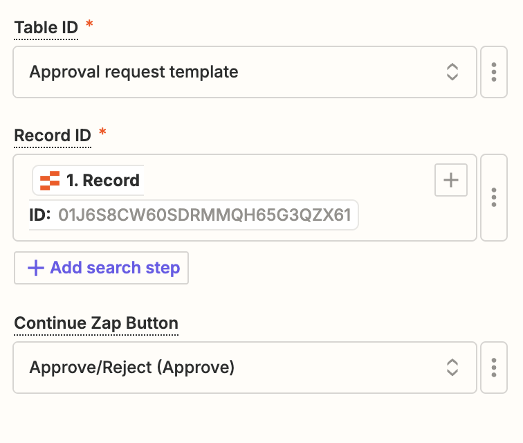 Screenshot of table ID and record ID set up