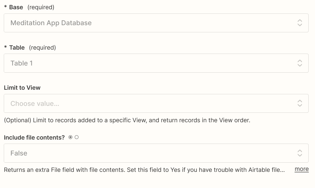 A trigger step in the Zap editor with Airtable fields for Base, Table, and more.