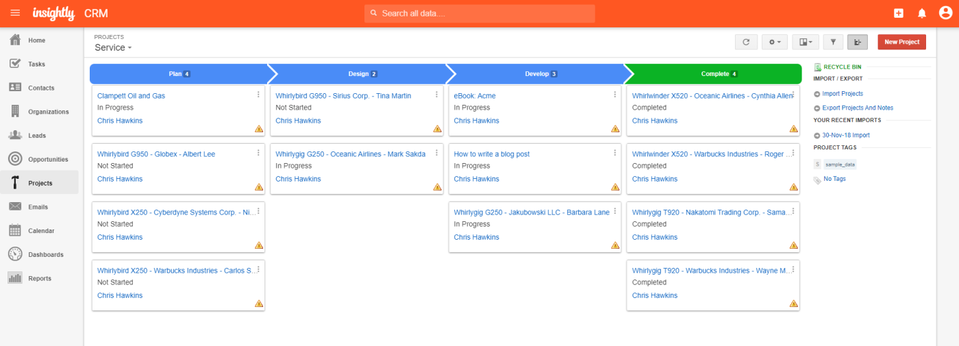 A screenshot of Insightly, our pick for the best free CRM software for managing projects