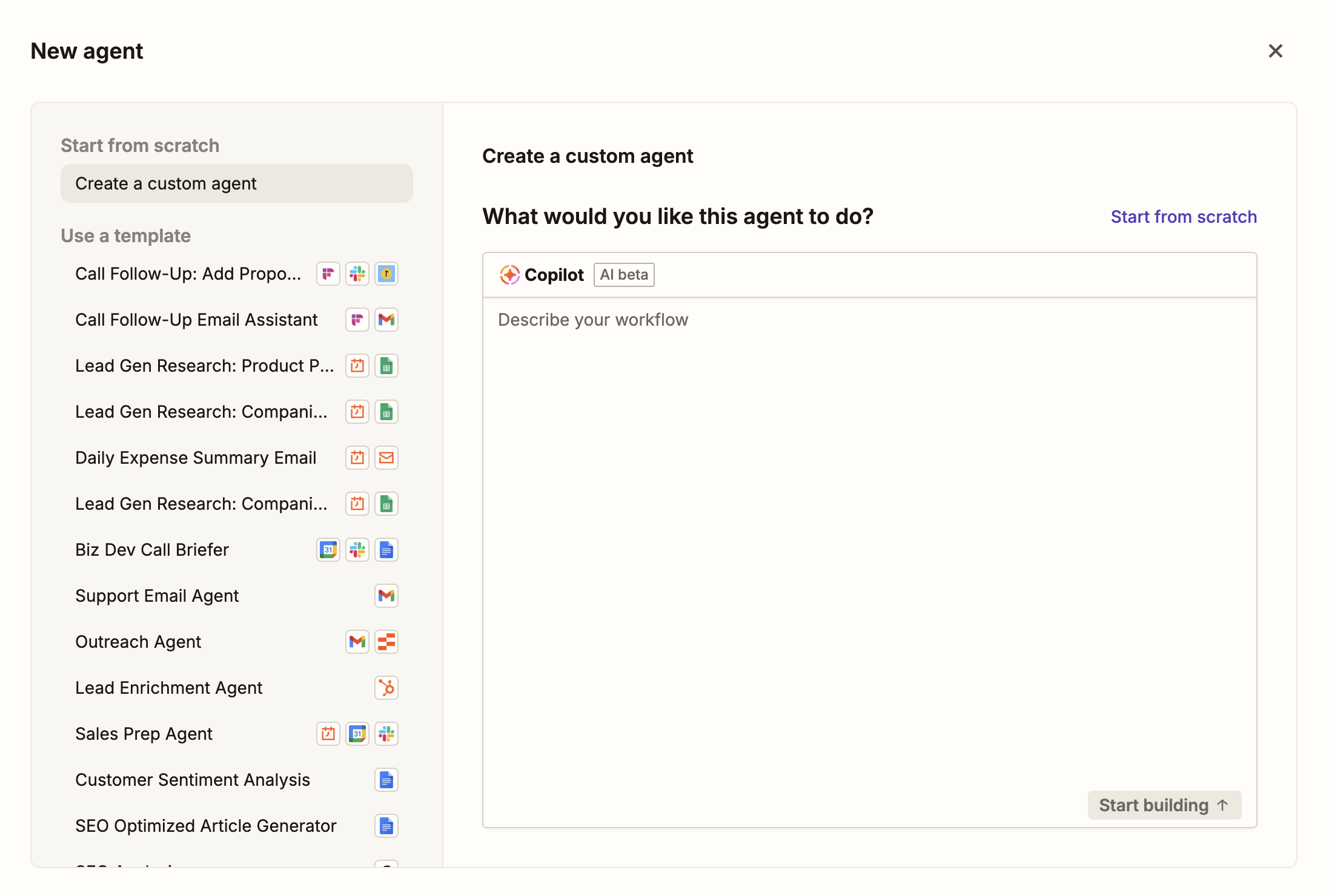 Pop-up box with two ways to create a new Zapier Agent: from scratch or a template.