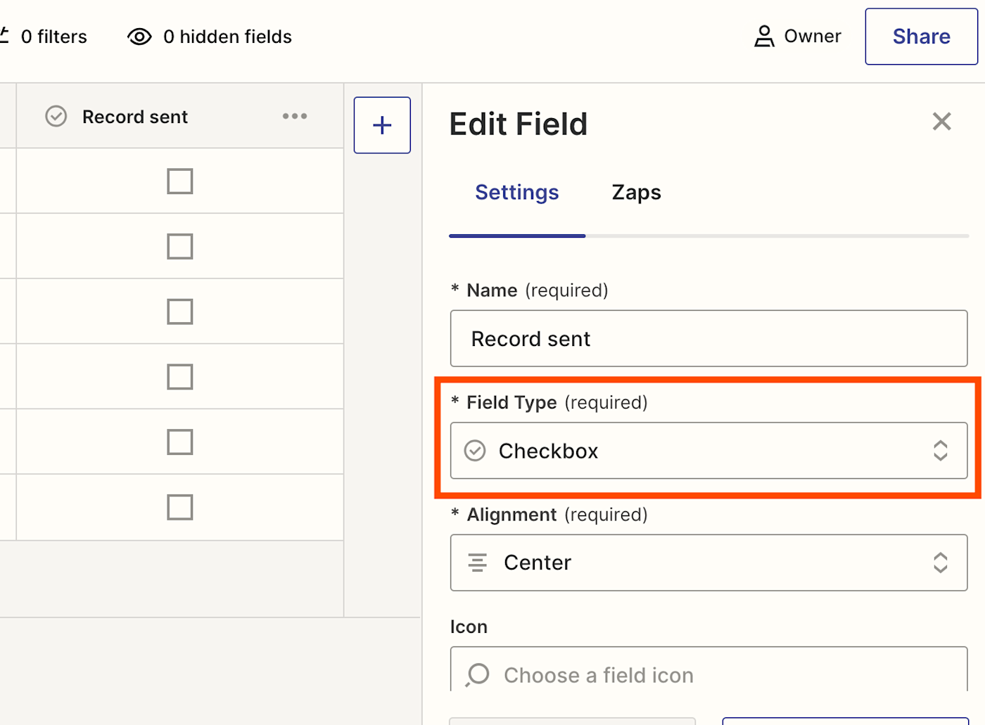 Screenshot of checkbox field