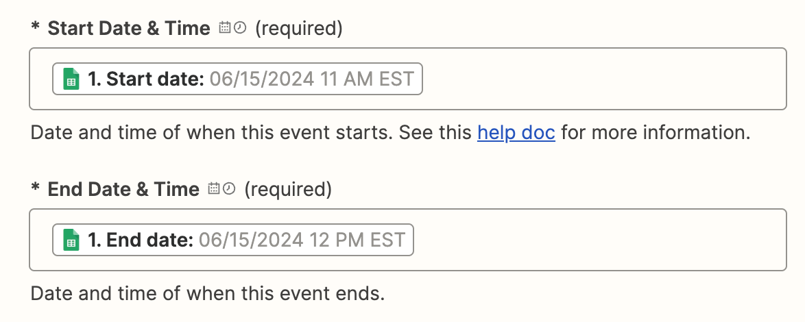 A screenshare of field mapping multiple Google Sheets options in one field. This example shows selecting the start date and start time.