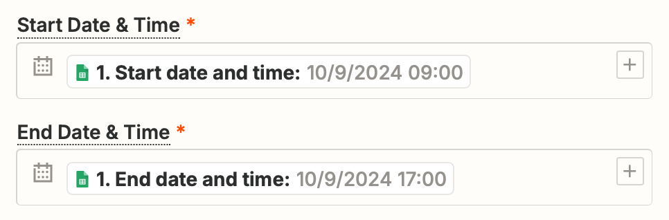 A screenshare of field mapping multiple Google Sheets options in one field. This example shows selecting the start date and start time.