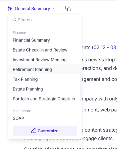 A dropdown menu of summary templates in Fireflies