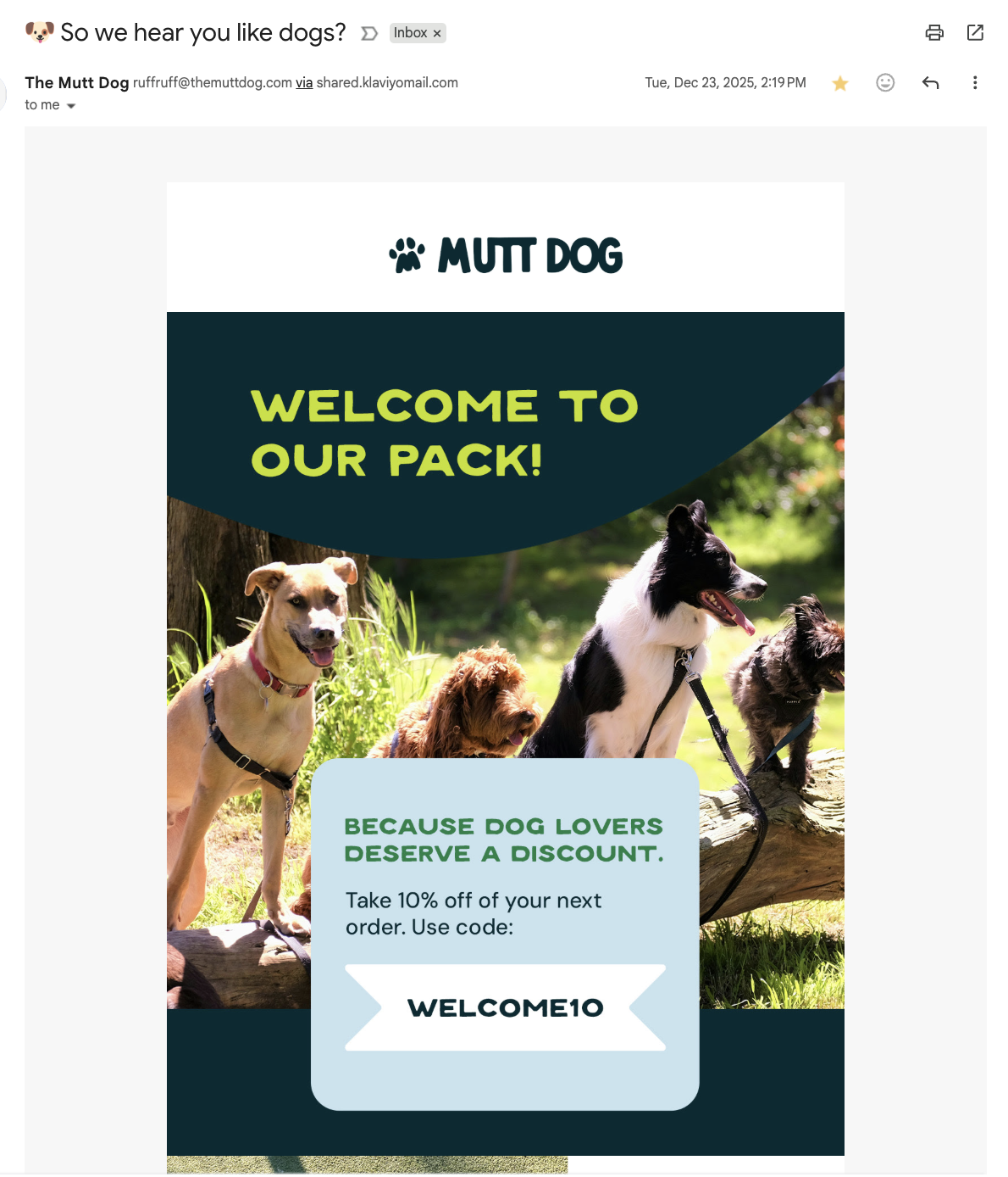 eCommerce welcome email marketing example from the online retail store Mutt Dog.