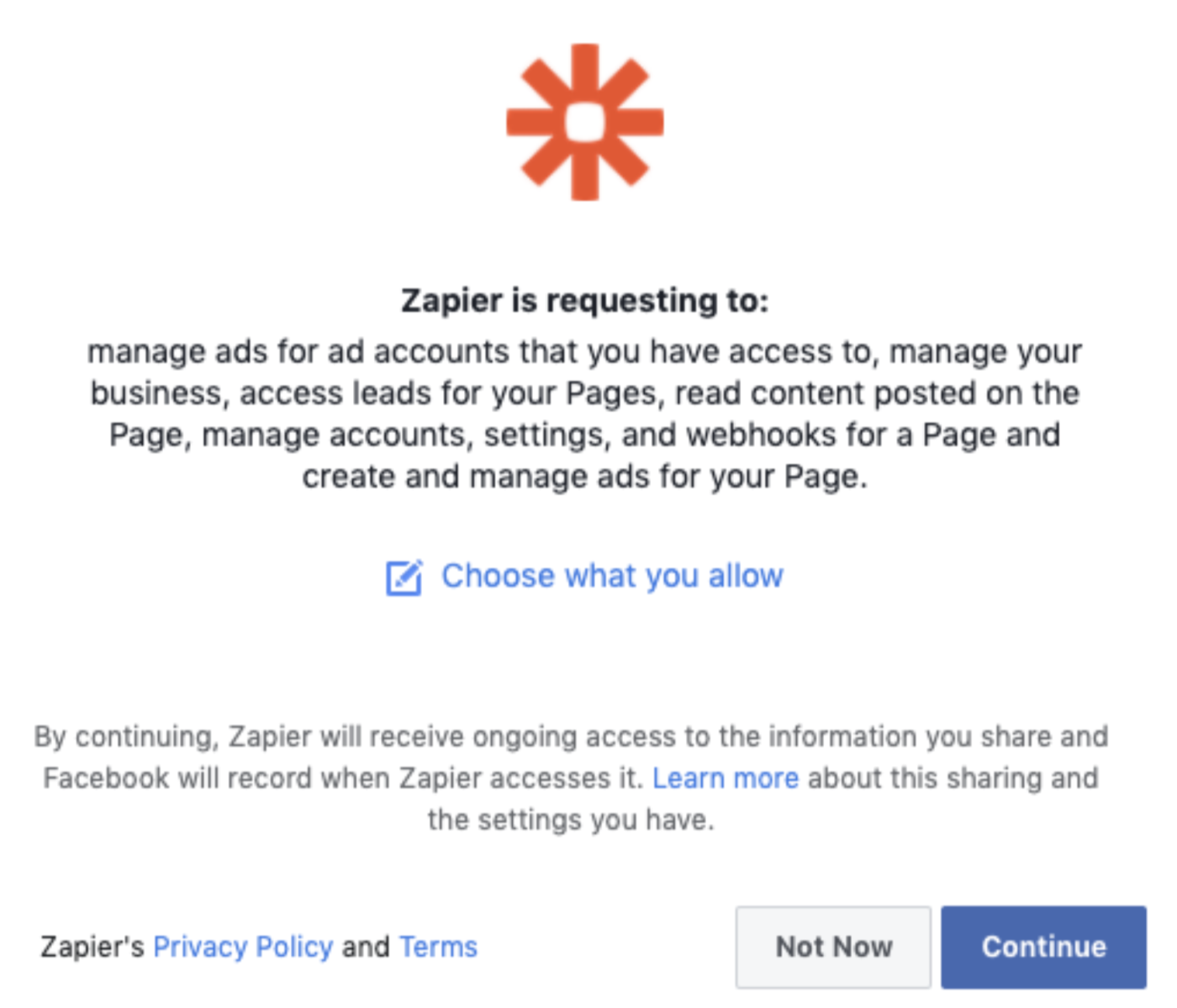 A screenshot outlining Zapier permissions, including managing ad accounts, leads, accounts, seetings, and webhooks, and creating and managing ads for your Page.