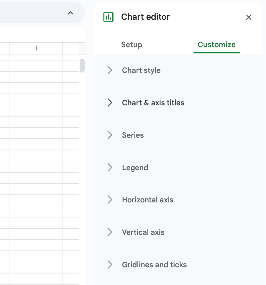 Screenshot showing the chart customization tab in Google Sheets