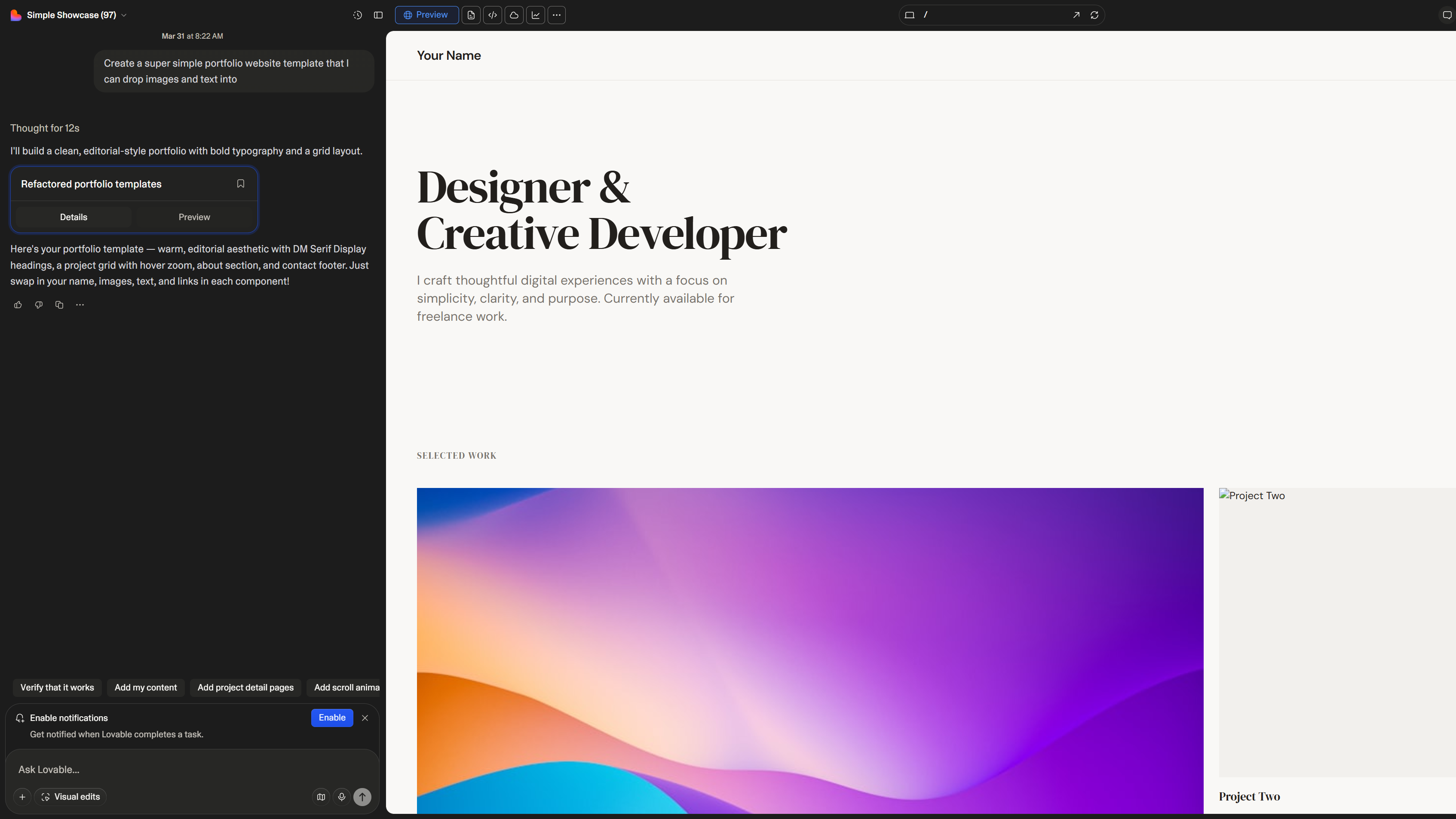 A screenshot of a website made by Lovable based on a simple prompt. It's a portfolio website with places for text and images, using a simple and modern theme