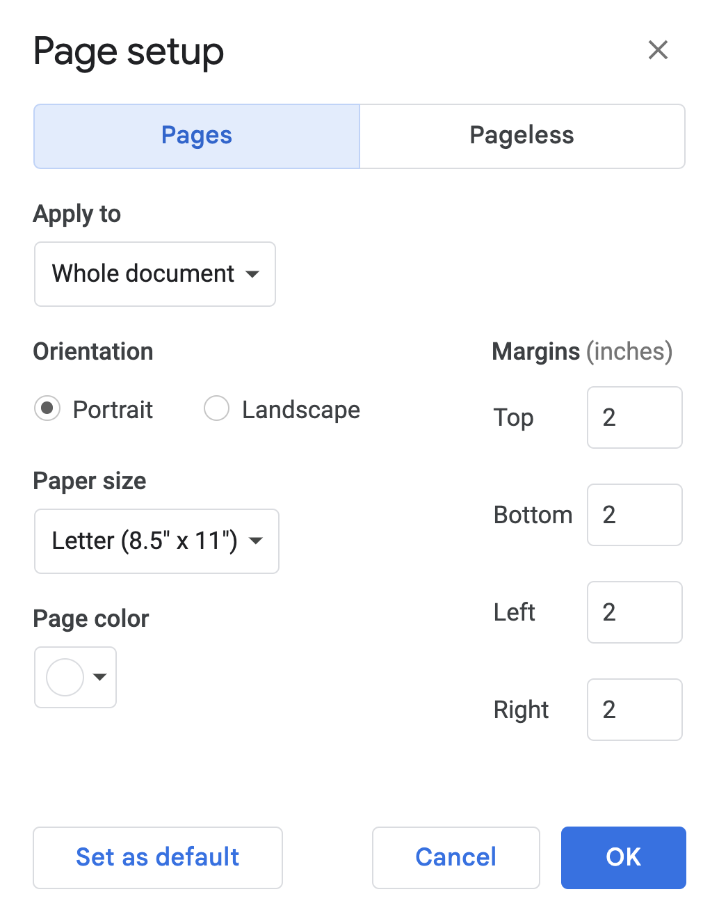 How to change the margins in Google Docs using the page setup.