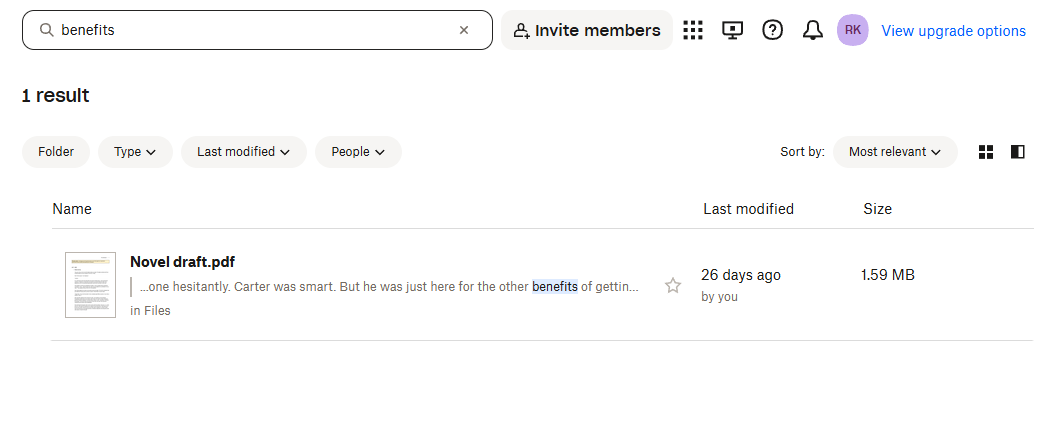 Searching on Dropbox, with one word highlighted in a file