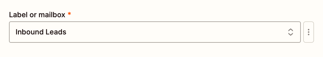 Inbound leads is shown selected in the Label/Mailbox tab in the Label dropdown in a Gmail trigger.