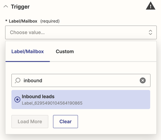 Inbound leads is shown selected in the Label/Mailbox tab in the Label dropdown in a Gmail trigger.