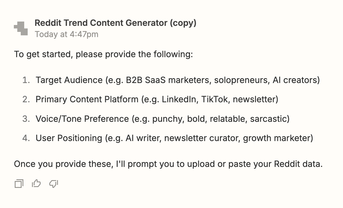 A chat window with setup prompts for the Zapier agent, listing audience, platform, tone, and positioning inputs