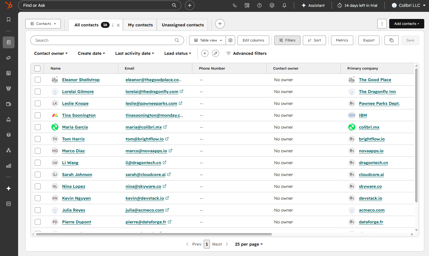 A contact list in HubSpot