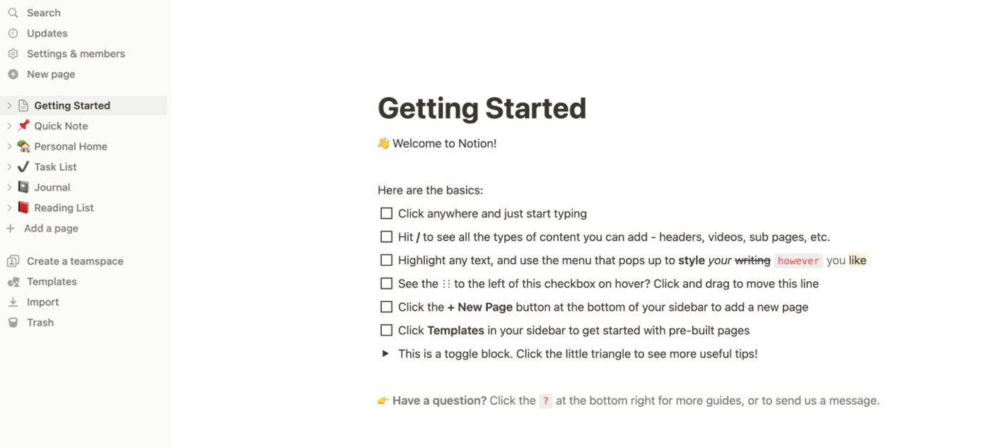 The Getting Started guide page in Notion. 