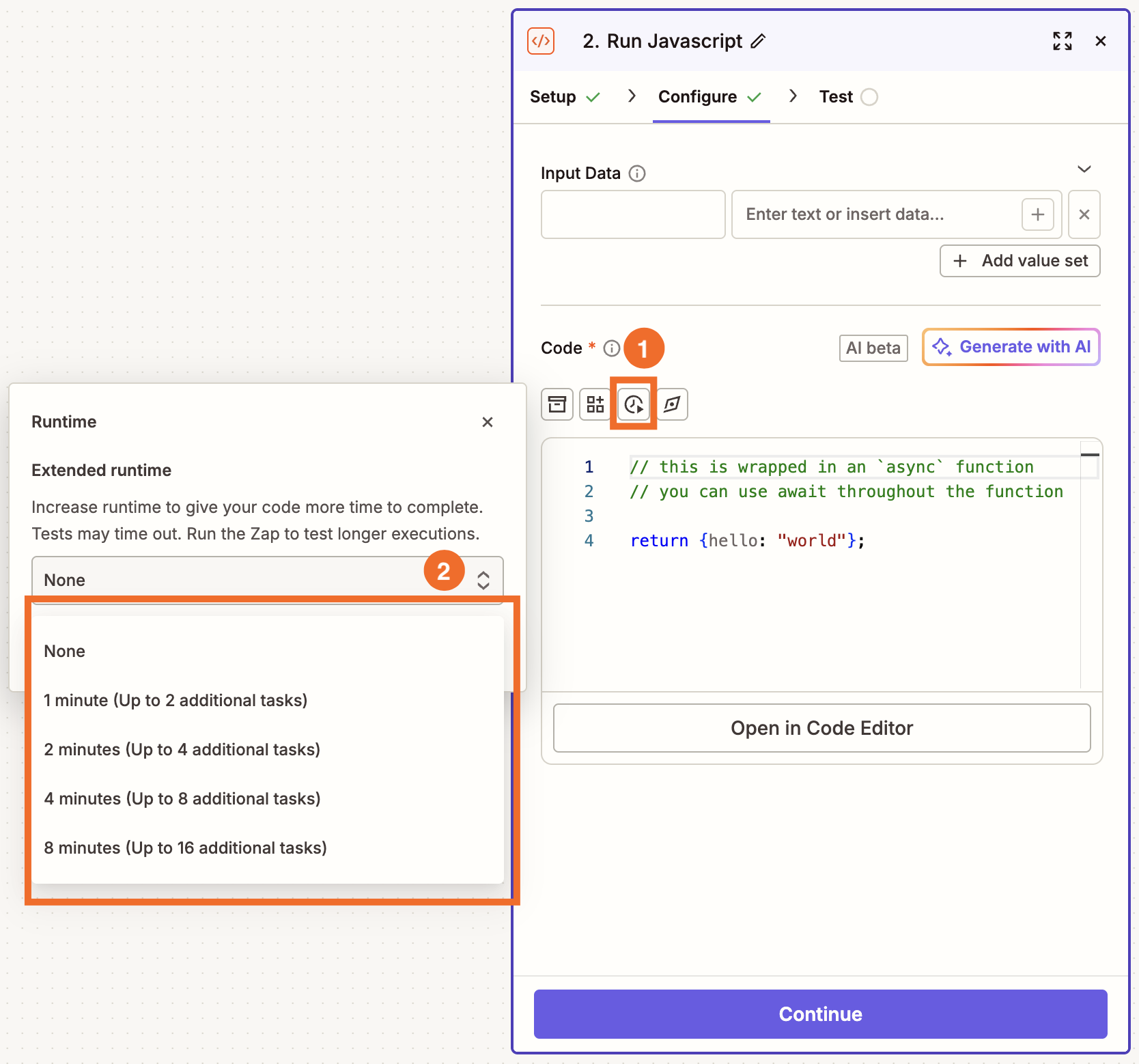 The configuration page for a Code by Zapier step with options to extend the runtime