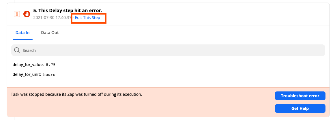 Zap run details in Zap History. A red box highlights a link to edit the Zap step that failed.
