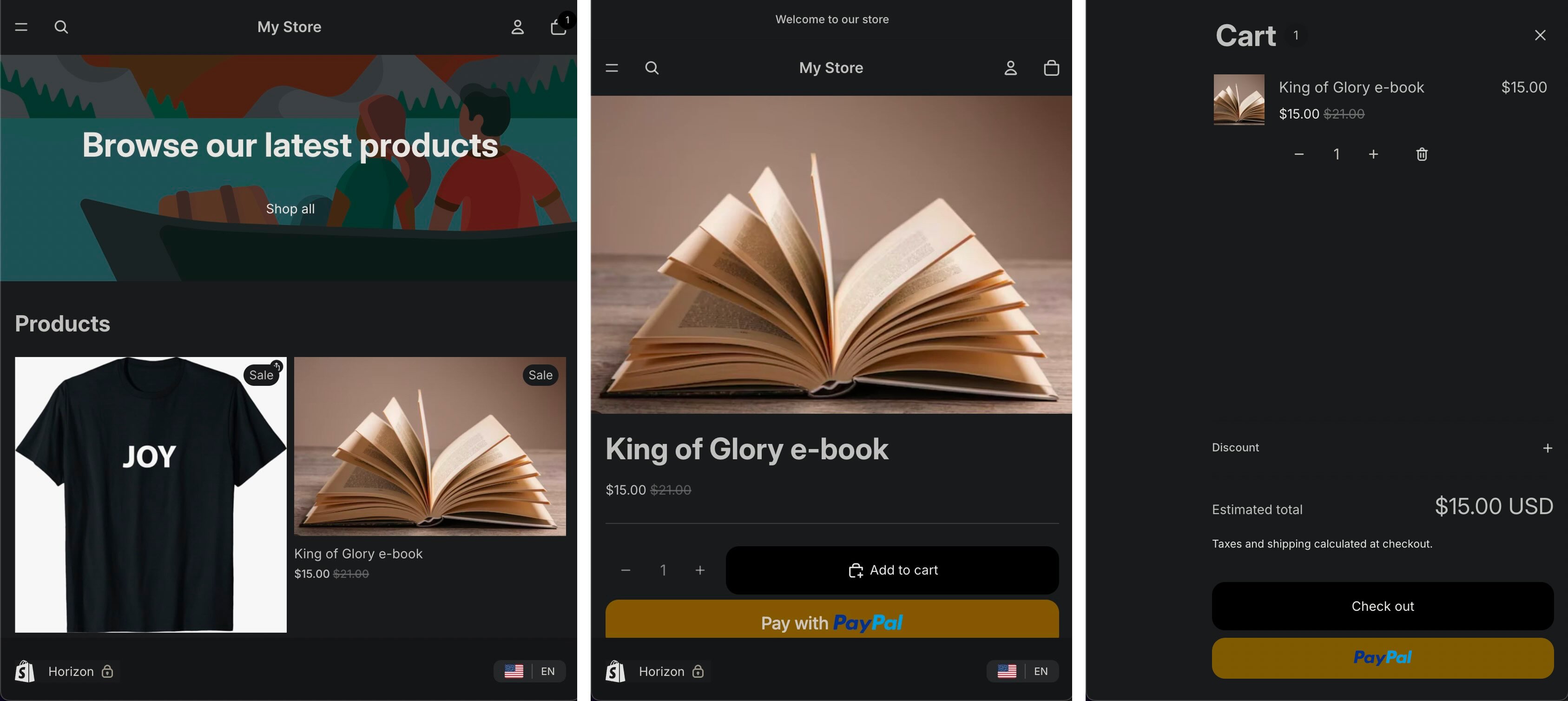 Three Shopify pages next to each other, showing what the customer journey might look like