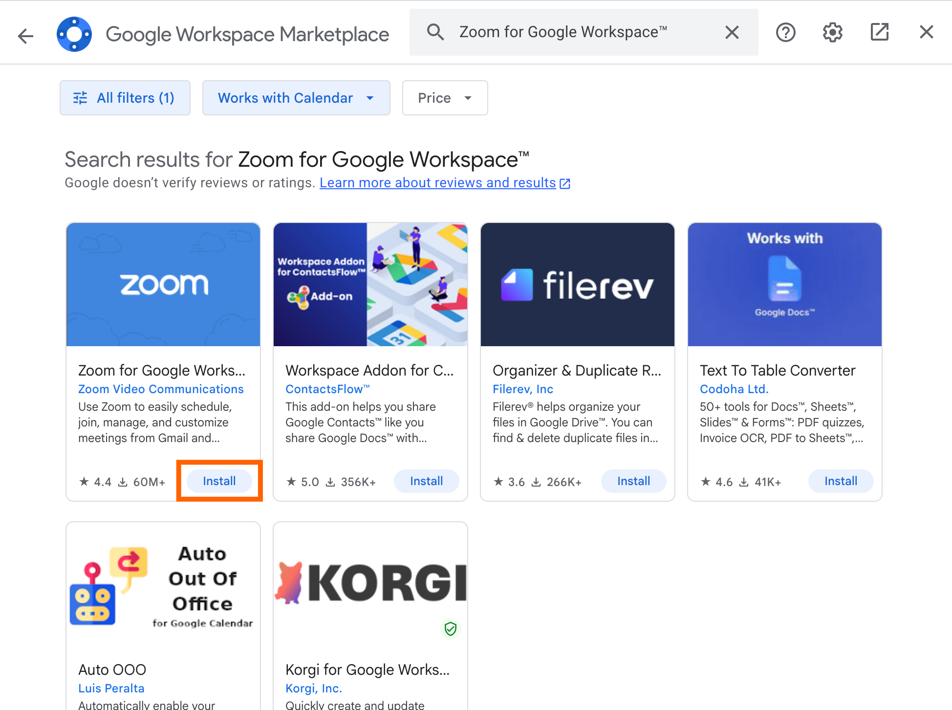 Grid of add-ons in Google Workspace Marketplace. The install button for Zoom for Google Workspace is highlighted.
