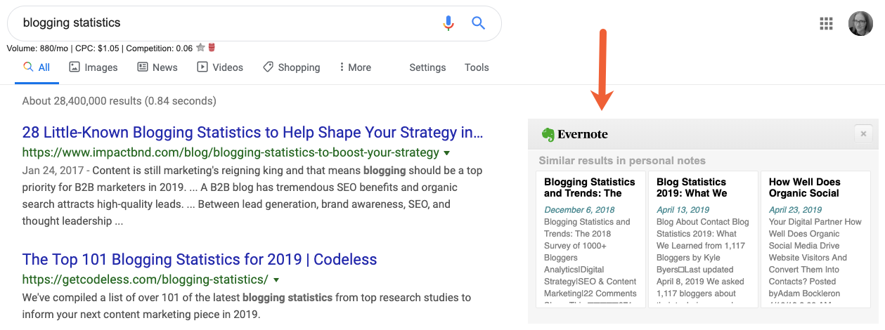 Evernote clips in Google Search results