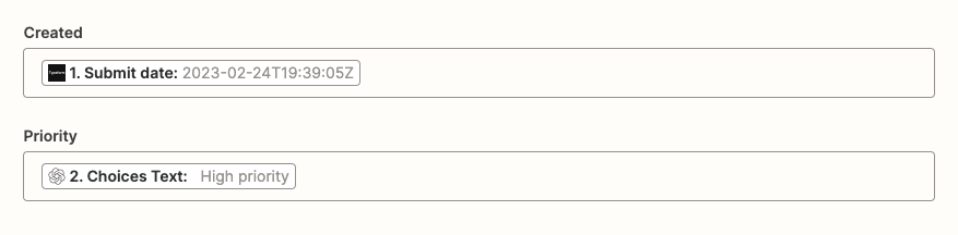 Map dynamic values from previous Zap steps to send to the spreadsheet action.