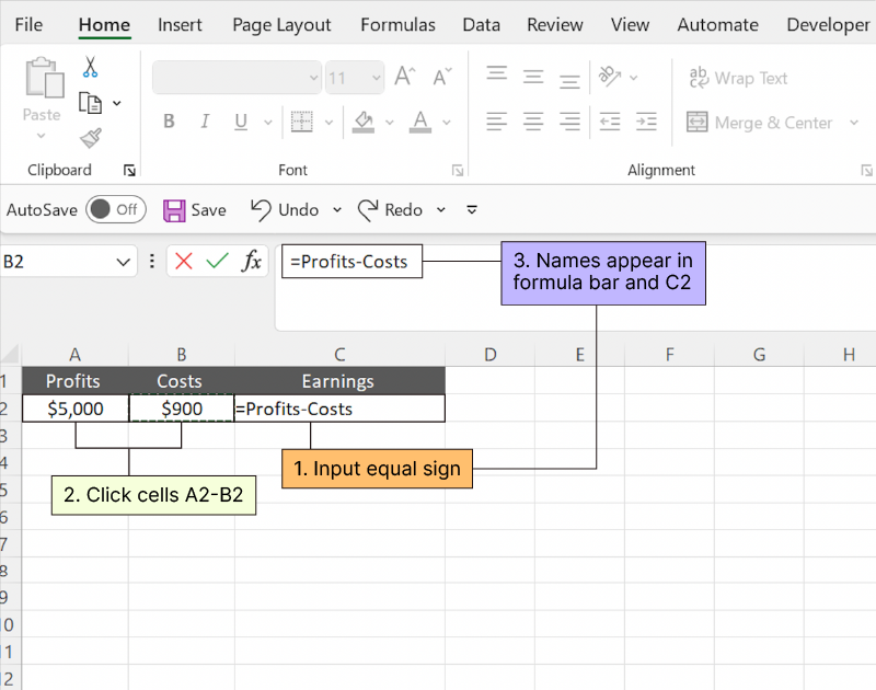 How to write formulas in Excel using predefined names, step two