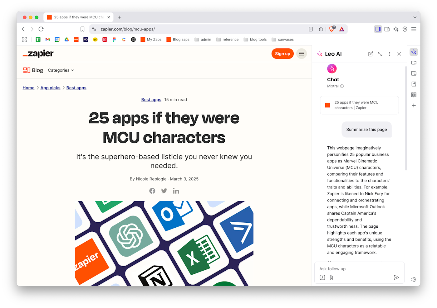 The AI assistant panel in the Brave web browser.