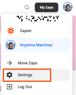 Account settings menu in Zapier