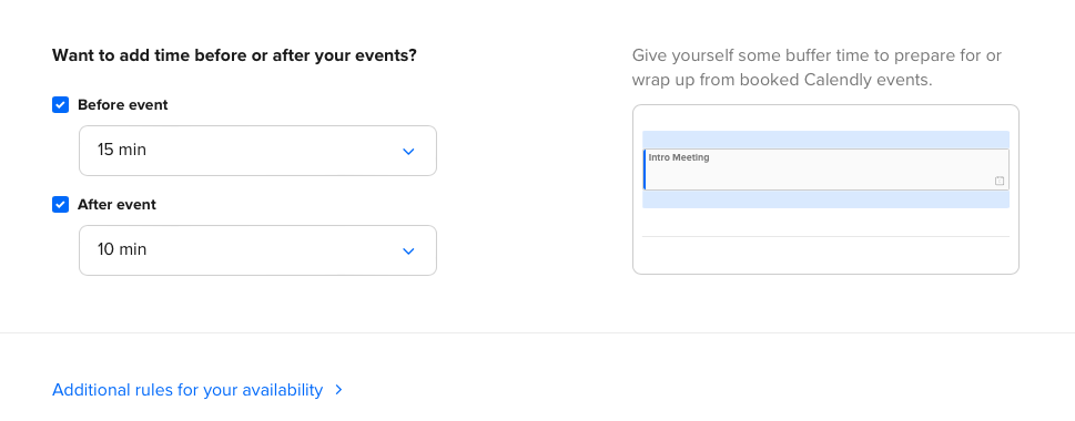 A screenshot of Calendly, showing that you can automatically add buffer time before and after meetings