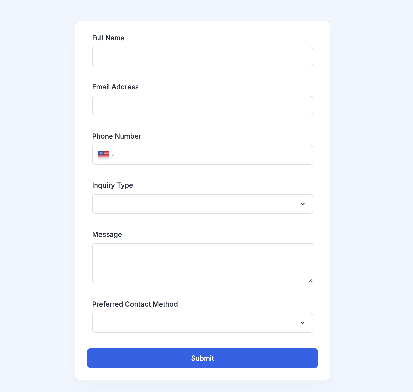 Inquiry form with fields for full name, email, phone, inquiry type, message, preferred contact method, and a blue Submit button
