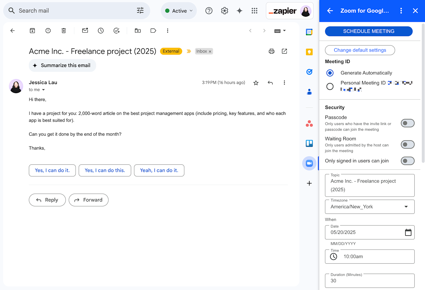 Zoom for Gmail add-on in Gmail. 