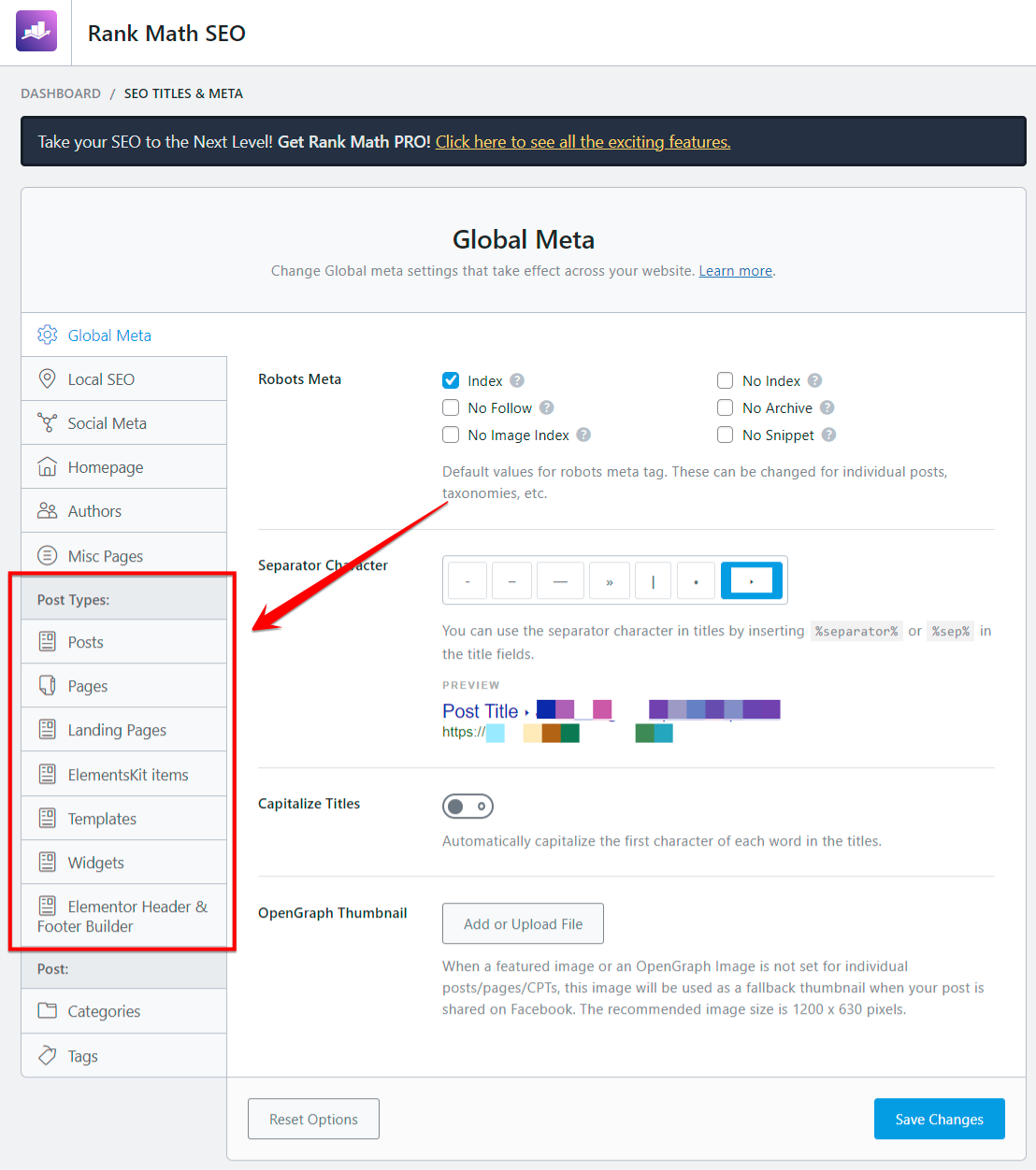 Rank Math global SEO settings with Elementor and related plugins
