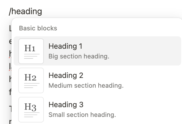 Notion block menu showing the heading options.