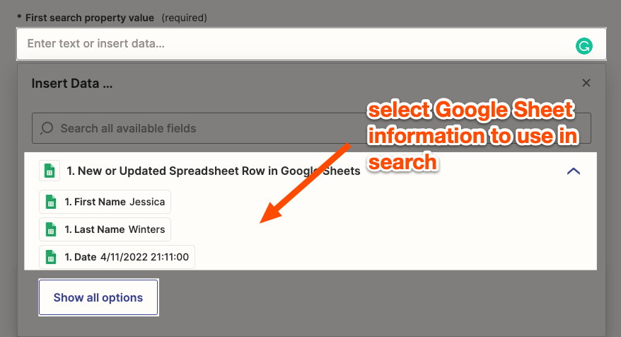 Click on a field and select a dynamic value listed from your Google Sheet trigger.