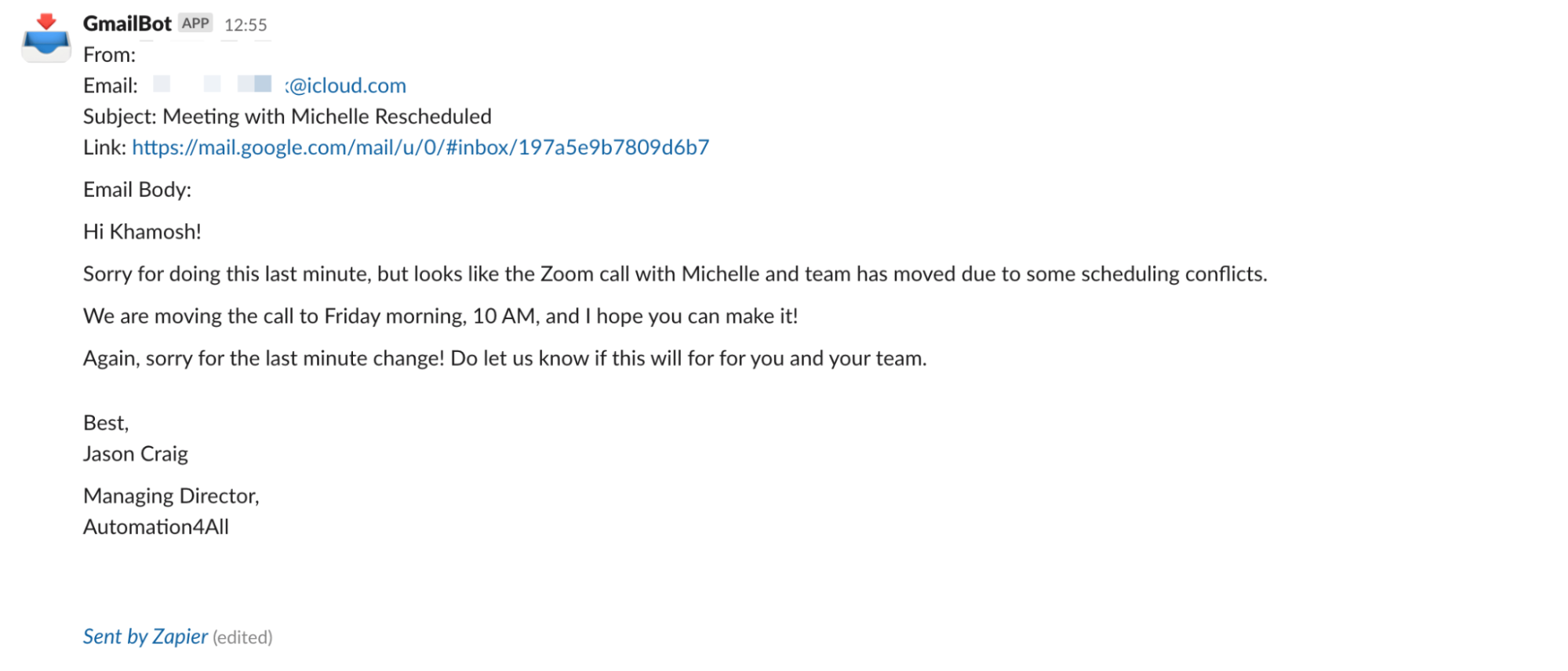 A Slack message that shows a new incoming email from Gmail.
