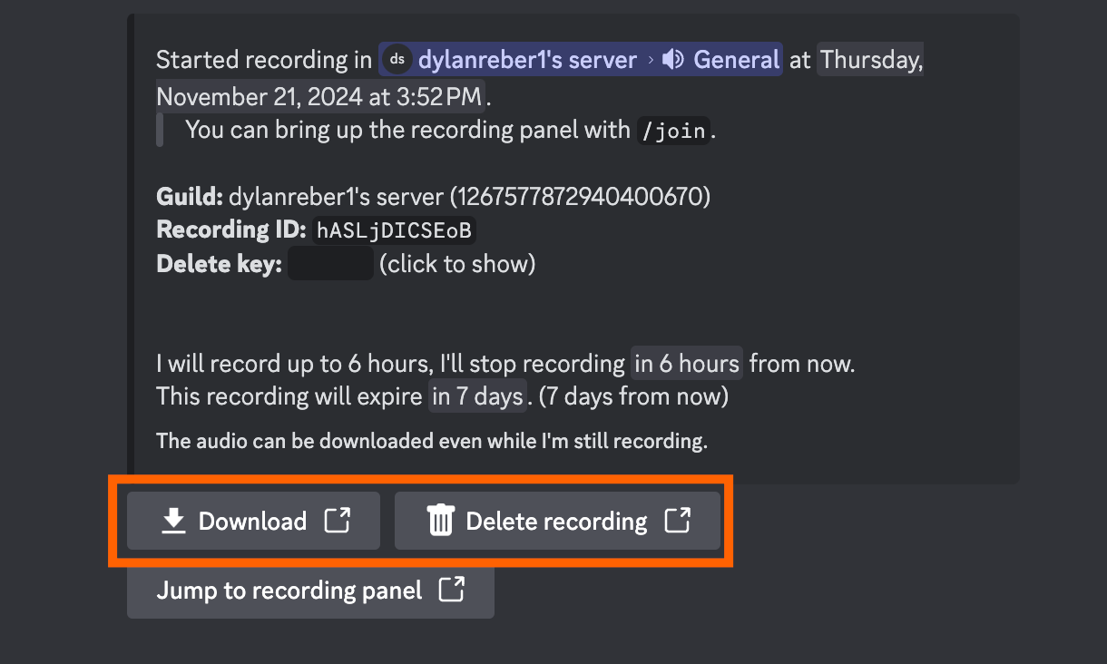 Screenshot showing Craig's download and delete recording buttons