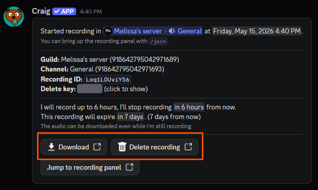 Screenshot showing Craig's download and delete recording buttons