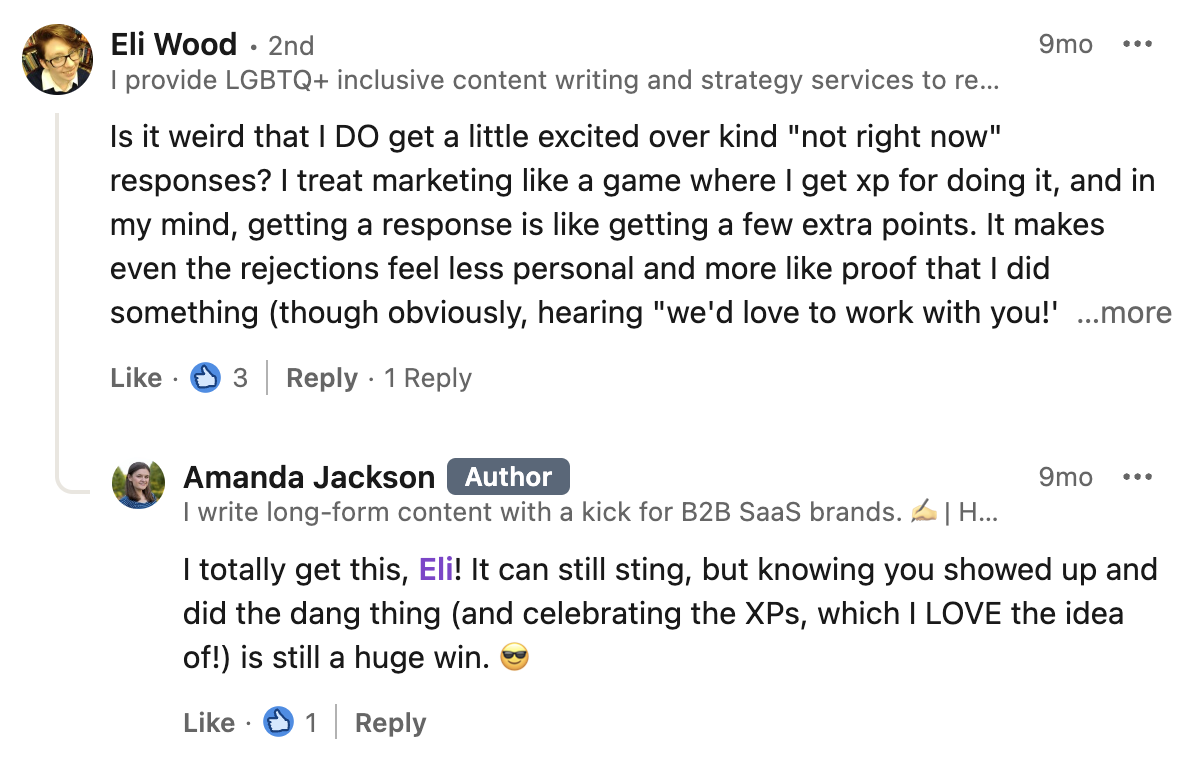 Eli's comment on Amanda's LinkedIn post