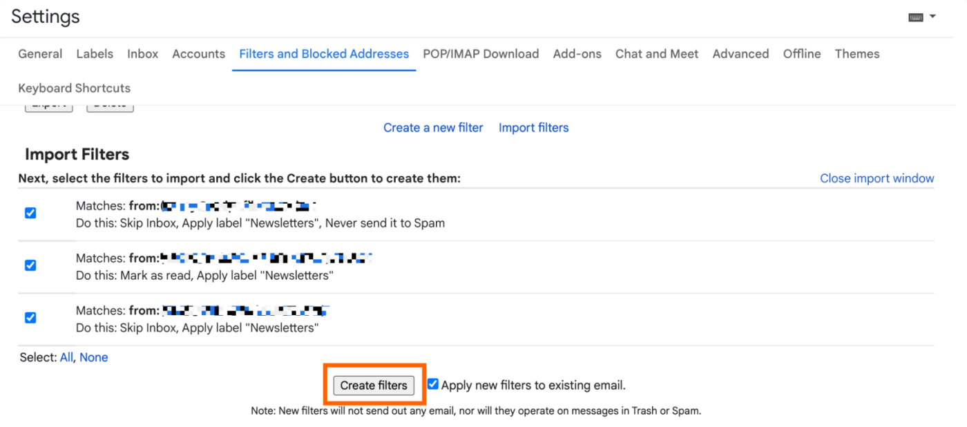 A list of imported Gmail filters with the option to create Gmail filters highlighted. 