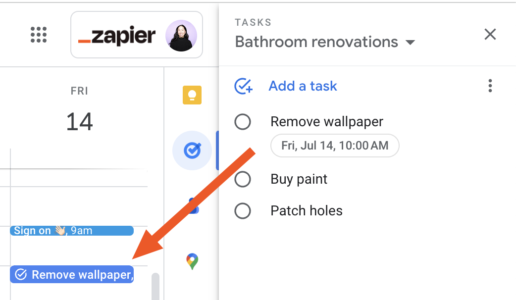A list of tasks in an expanded view of the Google Tasks panel in Google Calendar. The first task with a due date is also displayed in Google Calendar. 